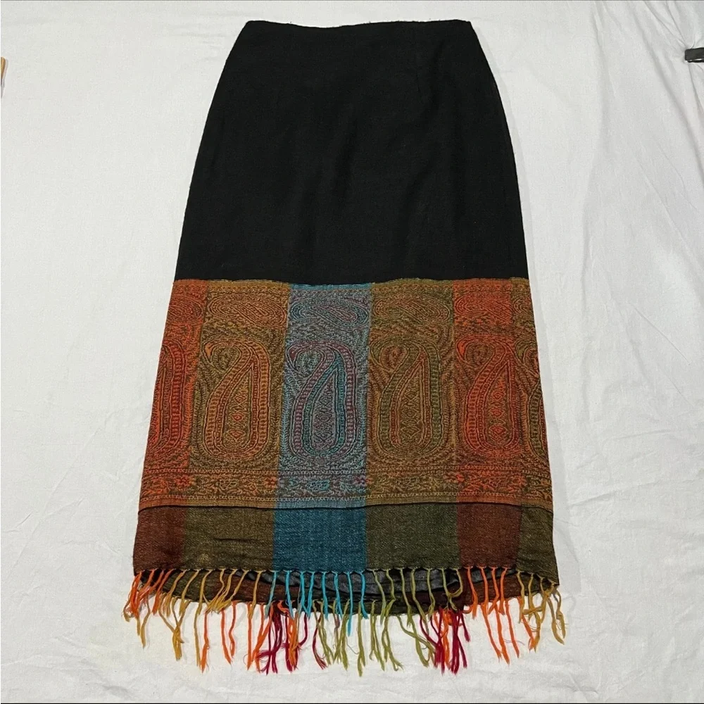 Tasha Polizzi Womens Black Paisley Classic Fringed Pure Wool Wrap Skirt Size S - Picture 2 of 6
